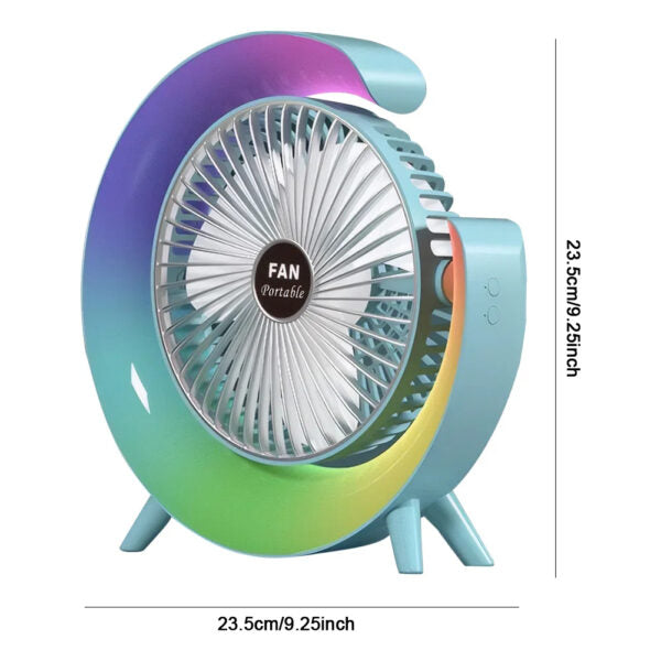 Rechargeable Desktop Fan With Colorful Night Light 180 Degree Rotation