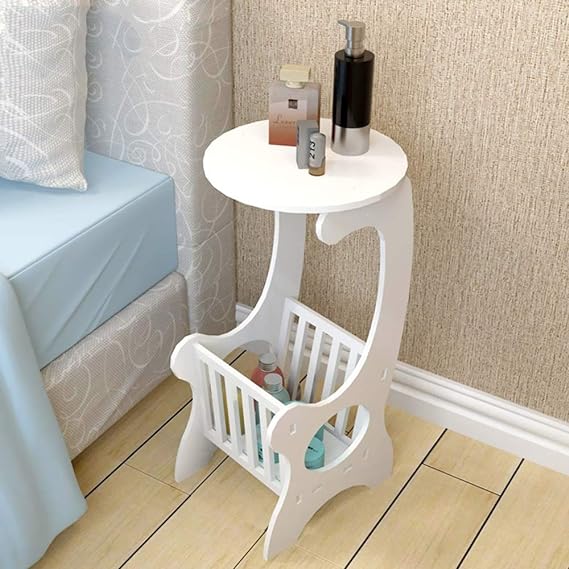 Tables  Round Side End With Magazine Holder Rack  White For Living Room