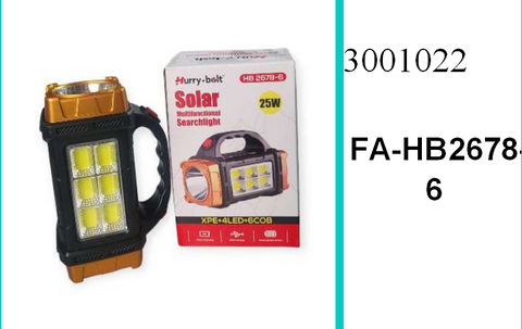 25W Hurry Bolt Solar Powered  Search Light XPE + 4LED + 2COB  Dbls as a Power Bank to Charge  Electronic Devices