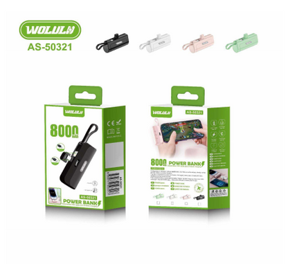 Wolulu 8000Mah Mini Power  Bank. Type C, Lightning & V8 Pins