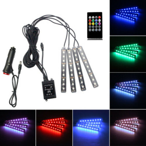 4PCS Car LED RGB Lights Strip Interior Atmosphere Lamp + Remote Control