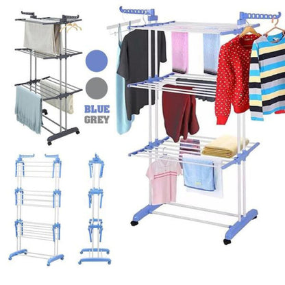 Three Layer Laundry Clothes Drying Rack With Hanger Foldable Stainless Steel