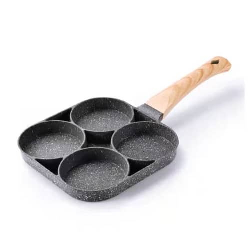 4 Hole Omelet Pan for Burger Egg Ham Pancake Maker Wooden Handle Frying Pot Cook