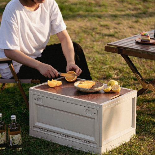 Outdoor Foldable Storage Box with Wooden Lid for Camper Car Storage Family Picnic