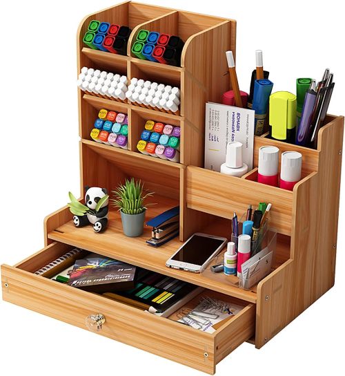 Wooden Desk Organiser DIY Desktop Tidy Pen Holder Large Capacity Stationery Storage Box