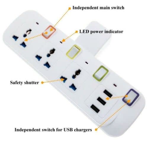 Treqa PL-502 3000W Power Socket with 3 USB Ports