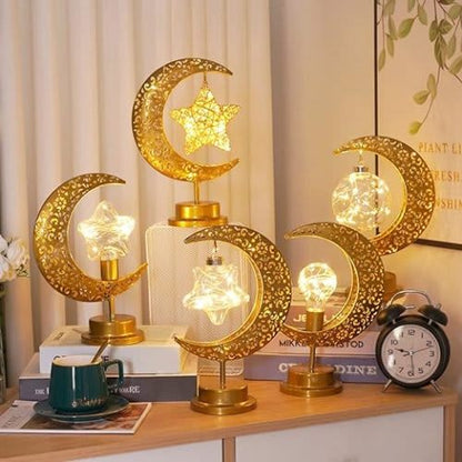 Ramadan Decoration Lights Moon Lamp, Ramadan Night Light Hanging Moon Star Table Lamp, Iron Ramadan Crescent Moon Lamp