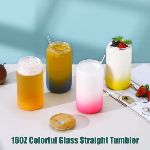 Beer Can Glass With Bamboo Lid And Straw, Colorful Frosted Glass Cup