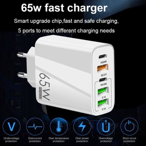 65W USB C Charger, 5 Port Cell Phone Charger with GaN Tech Fast Charging Charger Compatible