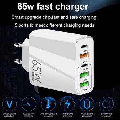 65W USB C Charger, 5 Port Cell Phone Charger with GaN Tech Fast Charging Charger Compatible