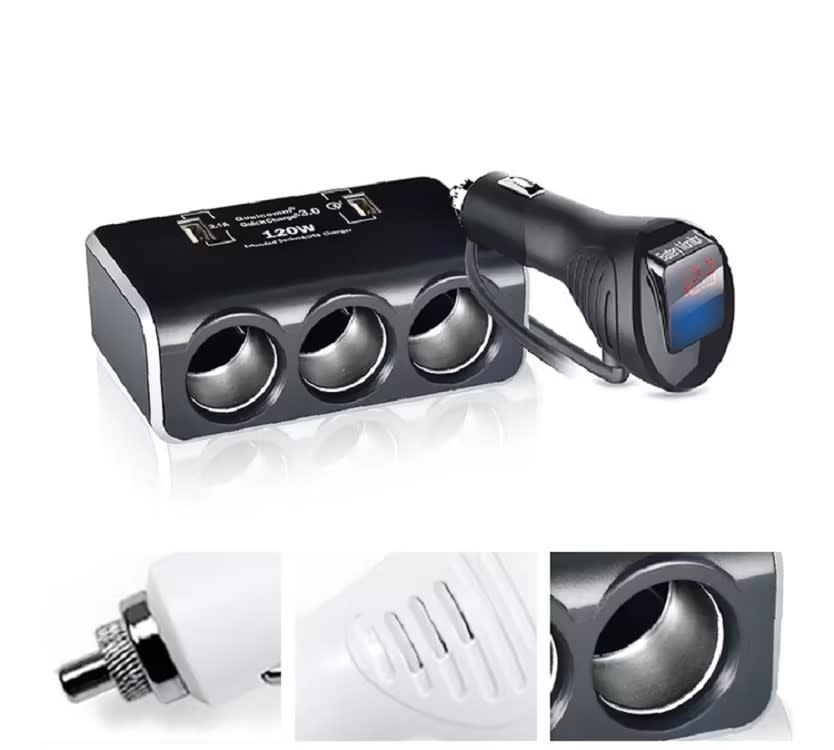 Car Cigarette Lighter One To Three Charger Socket One To Three Plug With Digital Display 13.6V