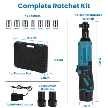 3/8' Cordless Electric Ratchet Wrench Set Right Angle Wrench with 2Pcs 1200mAh Batteries and Charger 7 Sockets 400RPM