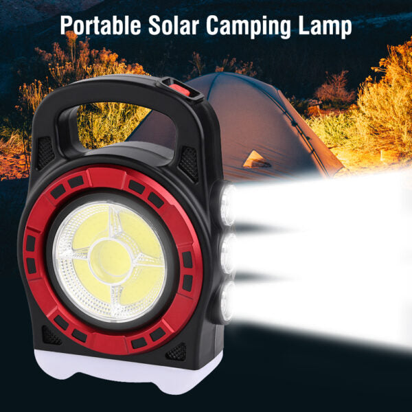 20W Solar Powered Portable COB  Light with 3 Light Sources and  USB Charging