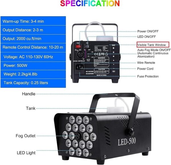 LED 500 Smoke Fogger With 18 LED Stage, And Two Remote Control