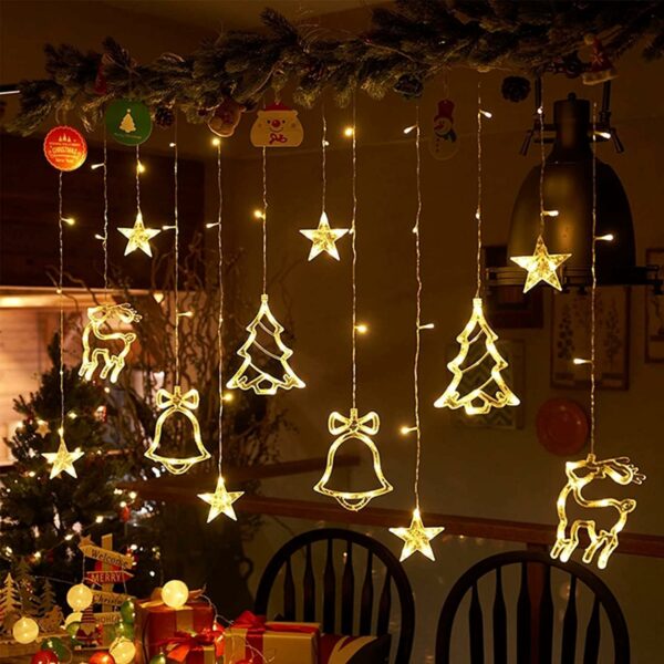 ZYF-7 Christmas Santa 12 Ornaments Curtain Fairy String Lights Warm White With Tail Plug Extension 3M