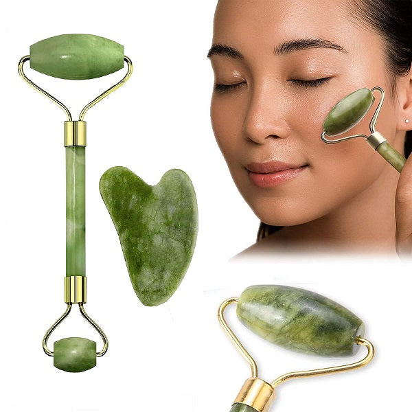 Aorlis AO-50041 Natural Jade Stone Massage Roller and Gua-Sha Massager For The Face