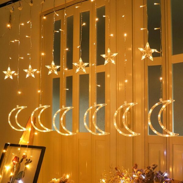 ZYF-4 Moon And Stars Fairy Curtain Light Warm White With Tail Plug Extension 8 Modes 3M