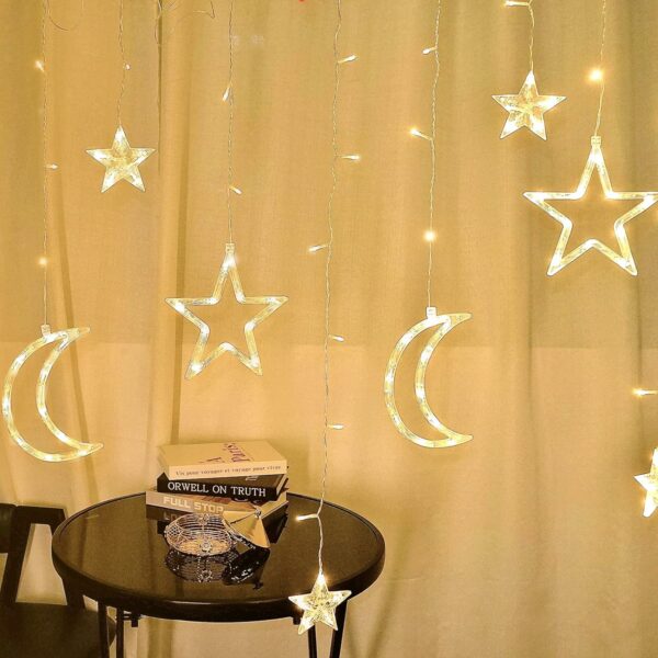 ZYF-12 Moon And Stars Fairy String Light White With Tail Plug Extension 8 Mode Settings 3M