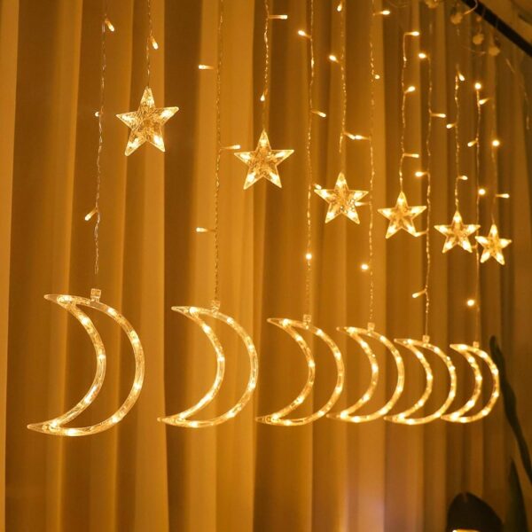 ZYF-4 Moon And Stars Fairy Curtain Light Warm White With Tail Plug Extension 8 Modes 3M