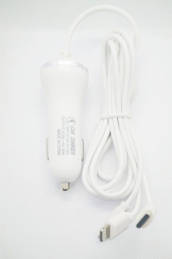 X01 USB 4in1 6A Car Charger with Type C, Micro USB and Lightning Cable