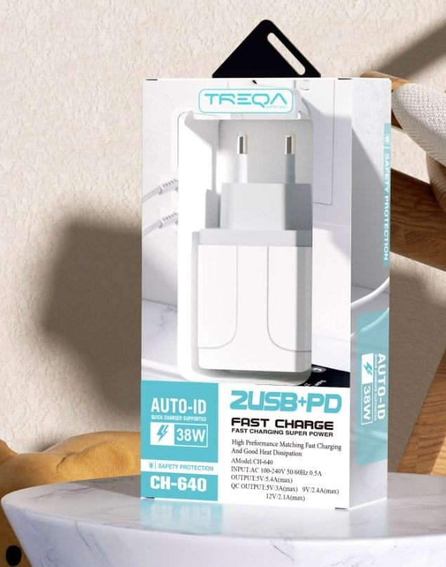 Treqa CH-640 2USB +PD 38W Fast Charger With V8 Cable