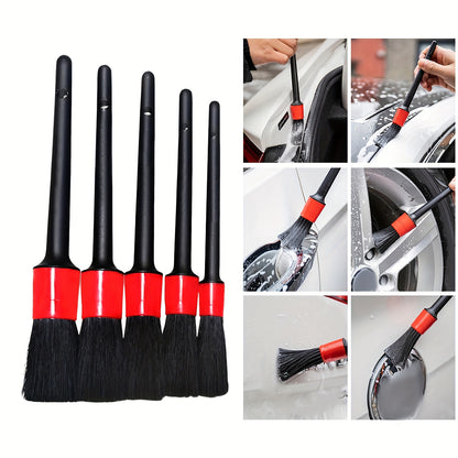 5-Piece Car Detailing Brush Set - Multi-Purpose Cleaning Tool for Interior, Wheels and Dashboard, Includes Red Handled Brush with Black Bristles for Effective Cleaning, Wheel Cleaning Brush | Professional Cleaning Tool | Durable Bristles