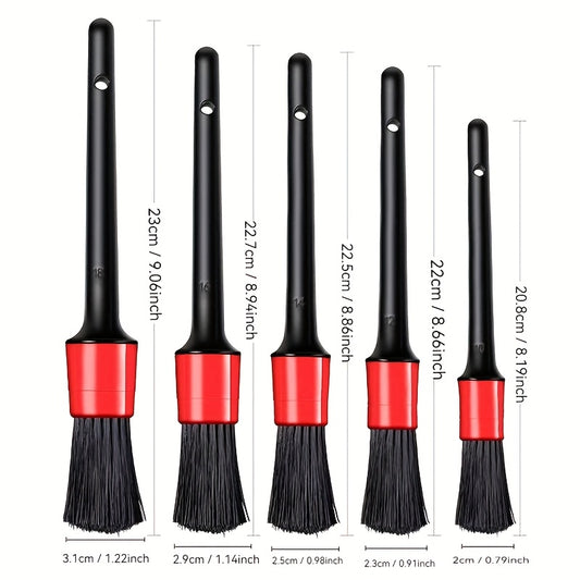 5-Piece Car Detailing Brush Set - Multi-Purpose Cleaning Tool for Interior, Wheels and Dashboard, Includes Red Handled Brush with Black Bristles for Effective Cleaning, Wheel Cleaning Brush | Professional Cleaning Tool | Durable Bristles