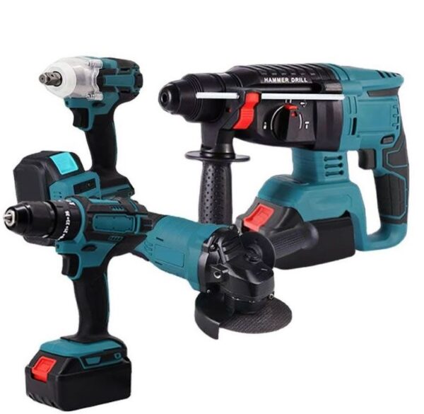 4 Electric Tool Set with 2 x 48V  15000mah Litium Battery. 1 x Impact  Wrench, 1 x Angle Grinder, 1 x Hammer  Drill, 1 x Electric Drill