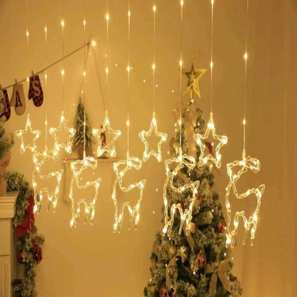 ZYF-31 Star And Reindeer LED Fairy Curtain Light Warm White With Tail Plug Extension 3M