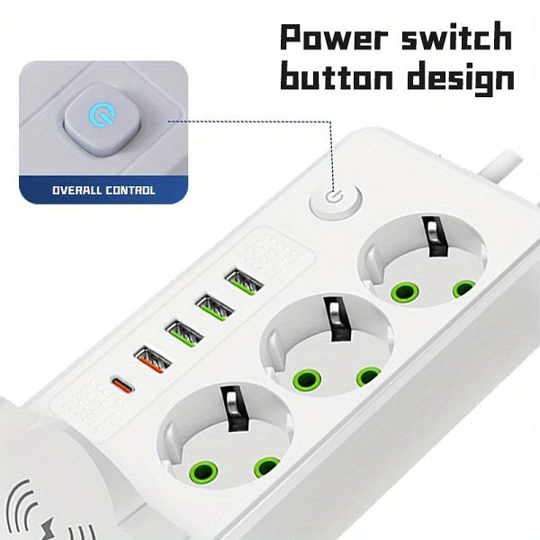 2M 220V 10A 2500W Round 2 Pin Power Socket Adapter 4 x USB & 1 x PD Port