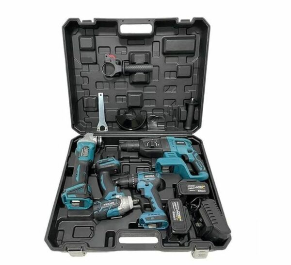 4 Electric Tool Set with 2 x 48V  15000mah Litium Battery. 1 x Impact  Wrench, 1 x Angle Grinder, 1 x Hammer  Drill, 1 x Electric Drill