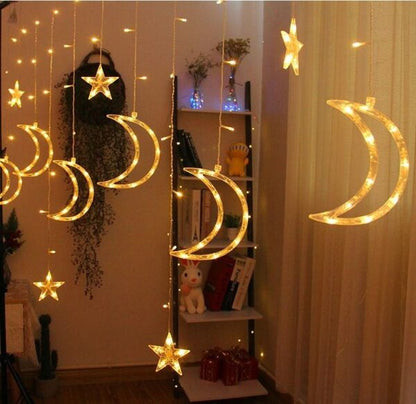 ZYF-4 Moon And Stars Fairy Curtain Light Warm White With Tail Plug Extension 8 Modes 3M