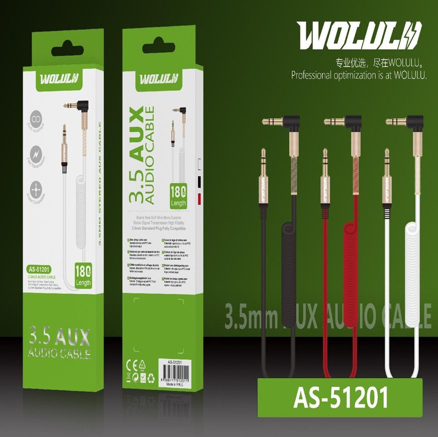 Wolul AS-51201 90° Angle 3.5mm Spring Auxillary Cable 1.8m