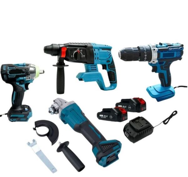 4 Electric Tool Set with 2 x 48V  15000mah Litium Battery. 1 x Impact  Wrench, 1 x Angle Grinder, 1 x Hammer  Drill, 1 x Electric Drill