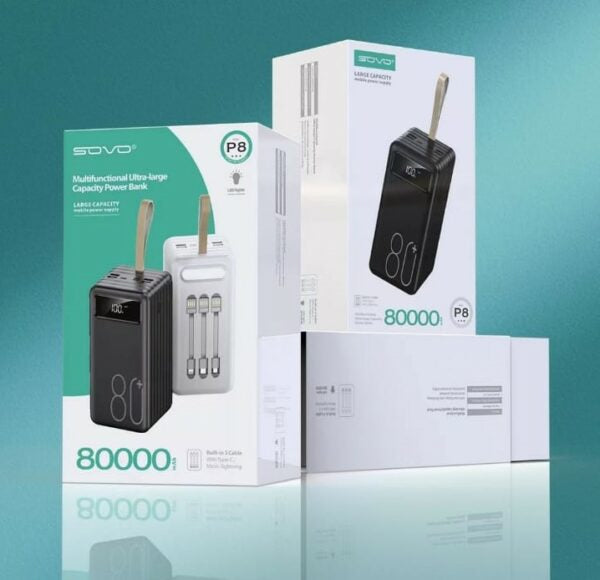 SOVO 80000Mah Power Bank  With Built-In 3 Cable And LED  Fashlight