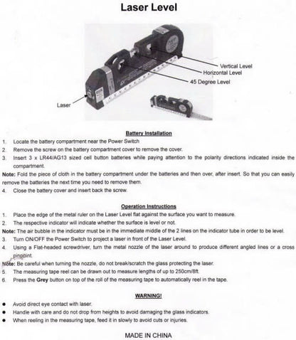 Multipurpose Laser Level Aligner 3 Bubbles Measuring Tape Ruler