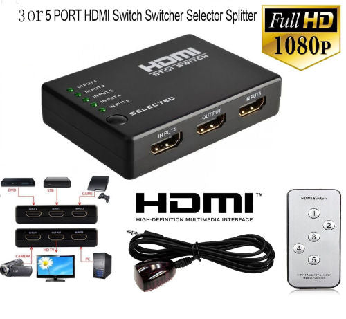 5 PORT HDMI Splitter Switch Selector Switcher Hub+Remote 1080p For HDTV PS3